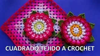 Cuadrado tejido a ganchillo con flor Dalia paso a paso para colchas y cojines