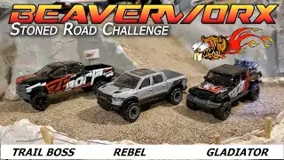 HotWheels Offroad Jeep Gladiator, Chevy Trail Boss, Ram Rebel Beverworx Next Stoned Road Challenge
