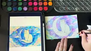 Watercolor Art Card Painting | Cat on the Moon