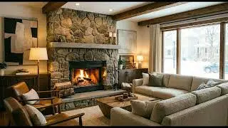 4K Warm Fireplace & Heavy Snowstorm outside ☕ Cozy Modern Living Room Ambience for Stress Relief