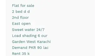 Flat for sale PKR 90 lac 2 bed d d 2nd floor garden West Karachi 03152401487