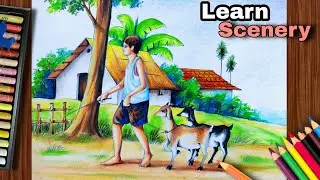|| HOW TO DRAW VILLAGE SCENERY WITH HUMAN FIGURE AND ANIMAL FIGURE WITH PASTEL COLOUR ||