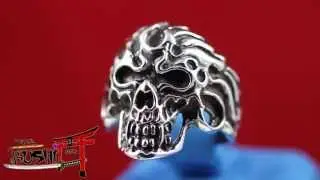 Flaming Chopper Biker Skull Ring .925 Solid Sterling Silver