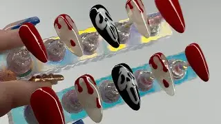 ACRYLIC ALMOND PRESS ONS WITH SIMPLE GHOSTFACE NAIL ART✨👻
