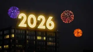 Glowing 2026 Neon Sign Above City Skyline with Fireworks stock footage | stock video | Cinefootage