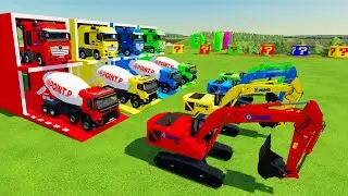 Гараж с цветом - красочный экскаватор XCMG, бетономешалка Volvo, транспортировка на бортовом груз...