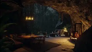 Rain & Thunder Echo in Rocky Cave 🌧️ Fireplace Sounds for Deep Sleep and Emotional Clarity