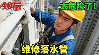 40层高空命悬一线！中国工人冒死维修落水管，脚下是百米深渊！#高空作业#解压#日常