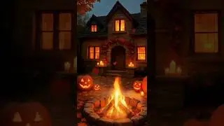 Cozy Halloween Street 🎃 | Flickering Pumpkins, Fireplace Glow & Magical Background Music