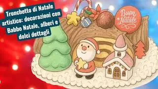 Tronchetto di Natale artistico: decorazioni con Babbo Natale, alberi e dolci dettagli.