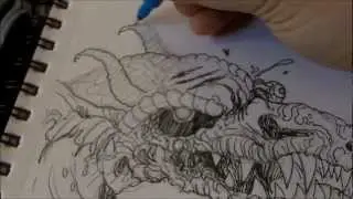 Inking A Zombie Dragon Head - Correcting A Pencil Drawing Through Ink