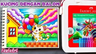 Gambar Kucing Dengan Balon Warna Warni | Faber  Castell 60 warna