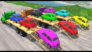 TRANSPORTING PIXAR CARS & FRUITS WITH COLORED & JOHN DEERE vs CLAAS vs TRACTORS - BeamNG.drive