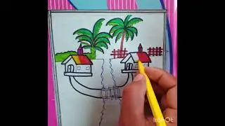 Most beautiful skech house scenery and blue lake green Grass Roots #bestscenery #drawingtutorials 