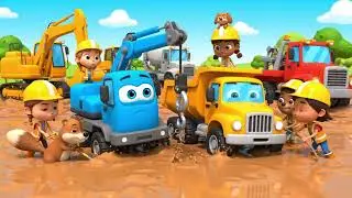 Stuck in the Mud! Cartoon Crane, Excavator & Dump Truck Rescue Story