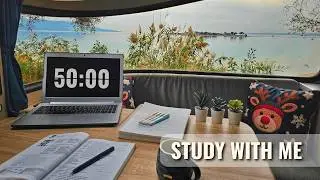 Study With Me 🌅 Sunrise in a Caravan by the Sea (50/10 Pomodoro) | Rain Sounds, No Music
