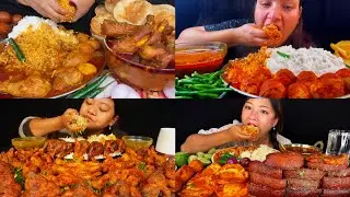 Mutton Masala Egg Curry Pork Curry Chicken Feet Curry, Rice Puri Chilli Salad MUKBANG 3X