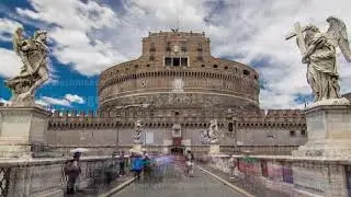 Saint Angel Castle Castel Sant Angelo and bridge Ponte Sant Angelo over the Tiber river timelapse