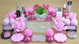 PINK ROSE SLIME Mixing makeup and glitter into Clear Slime Satisfying Slime Videos