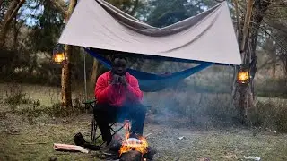 SOLO Bushcraft Trip - Tarp Camping in Rain || WILD Camping AND COOKING || No Tent cold night