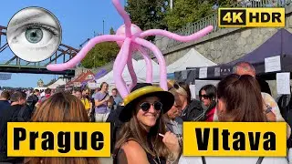 Walking tour of Prague along the Vltava promenade on Saturday 🇨🇿 Czech Republic 4k HDR ASMR