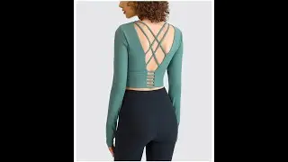 DS136 Sports Crop Top Long Sleeve Yoga Workout Fitness Running Strappy Padded Shirts with Thumb Hole