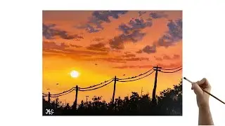 Sunset Power Lines Painting - Easy Acrylic Painting Tutorial For Beginners - Sunset Landscape