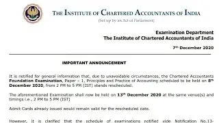 ICAI Announcement 7/12/2020 CA Foundation Paper 1 rescheduled
