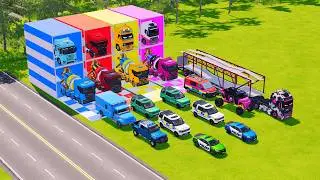 TRANSPORTING POLICE CARS, AMBULANCE, FIRE TRUCK, COLORFUL CARS WITH TRUCK -FARMING SIMULATOR 22!