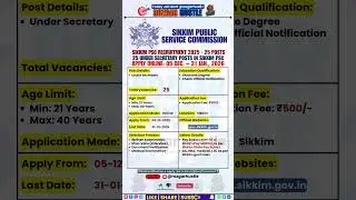 Sikkim PSC Under Secretary Recruitment 2026 &ndash; Apply Online 25 Post #shorts #SPSC #govtjobs #jobalert