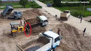 Amazing KOMATSU D20A Bulldozer Pushing Mini Dump Truck Deep Stuck And Spreading Dirt
