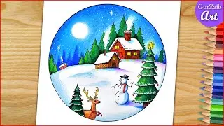 How to draw Merry Christmas Drawing 🎄 scenery step by step for beginners