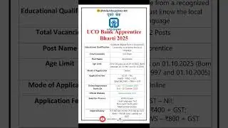 UCO Bank Apprentice Bharti 2025 | New Vacancy 2025 | dailyJobs updates #shorts #bankjobs #job