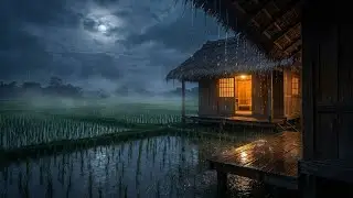 Cozy Night Rain in Rice Fields 🌾🌧️ | Warm Cabin Light, Fog & Sleep ASMR