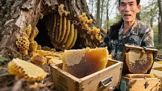 树林里发现一窝野生蜜，没想到蜂蜜太多把阿溜蛰的哇哇叫，换上装备后直接挖出整整一箱蜜！#农村生活#挖蜜