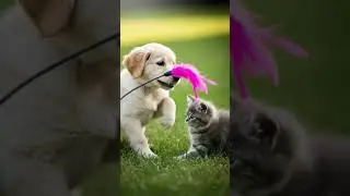Puppy and kitten chase feather toy &mdash; slow-motion paw swipe. #viralvideo #cutealert #trendingnow
