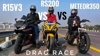 Yamaha r15v3 vs bajaj pulsar rs200 vs Royal Enfield meteor 350 fireball custom black || drag race ||