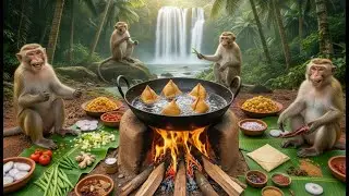 Monkeys Made Samosas with Chutney #monkeycooking #junglecooking #desicooking