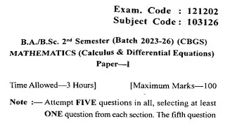 Gndu BA / BSc 2nd Semester Mathematics Question Paper | Mathematics Question Paper 2024