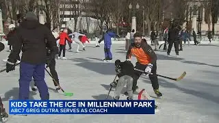Kids take the ice at Millennium Park, ABC7's Greg Dutra serves as hockey coach