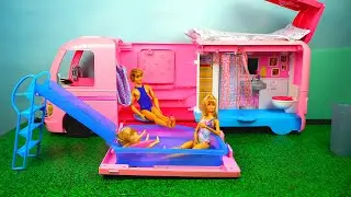 Barbie Camping Car with Pool Water Slide !