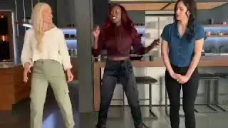 Minka kelly with​ Anna diop and Conor leslie dance on set Titans season 2
