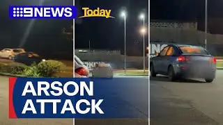 Clumsy firebombing with flames burning as car drove away | 9 News Australia