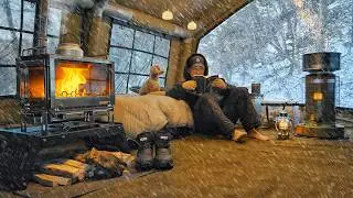 Camping in Snow with My Dog . 2-Room Inflatable Tent . Wood Stove ASMR