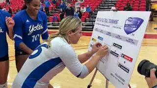 Cal State San Bernardino celebrates winning in the semifinals of the 2025 CCAA Volleyball Tournament
