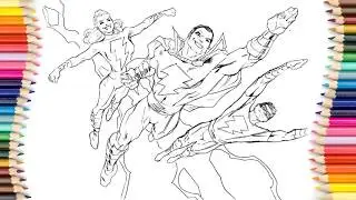 How to coloring Shazam Family Flying Together &ndash; Epic Line Art