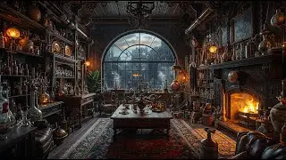 Steampunk Chemist's Study Ambience ⚙️ Clockwork Ticking, Fireplace & Rain for Deep Focus [4K]