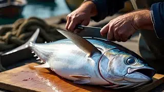 Process cutting & fillet yellowfin Tuna fresh use knife sharp in a fish market