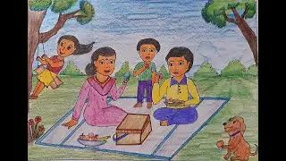 How to draw family picnic scenery step by step l picnic drawing for beginners l How to draw a picnic