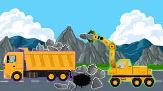 Landslide - Excavator Clamp and Dump Truck Clearing Rocks Blocking Road | Construction Vehicles
